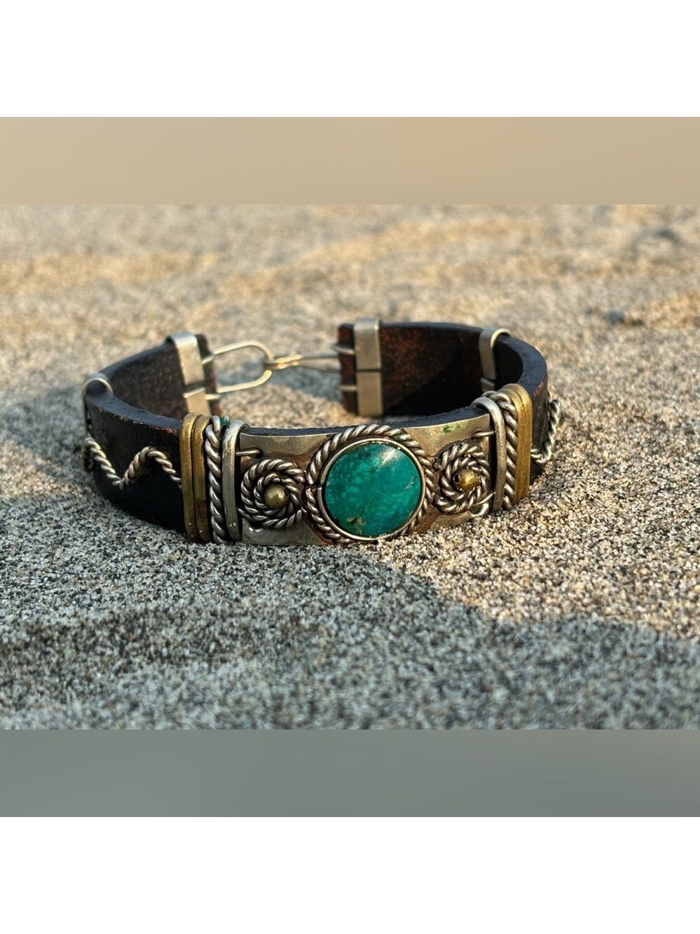 Brutalist Turquoise Leather Cuff Bracelet • Brutalist Artisan Statement • Silver